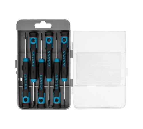 Набор отверток для точной механики, CrMo, двухкомпонентные рукоятки, 6 шт, пластиковый бокс Gross