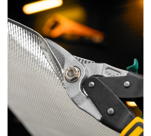 Ножницы по металлу, 270 мм, прямой и правый рез, сталь-СrMo, трехкомпонентные рукоятки Denzel