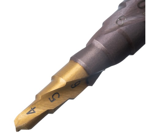 Сверло ступенчатое 4-5-6-7-8-9-10-11-12 мм, Р6М5К5, 6-гр. хвостовик Denzel