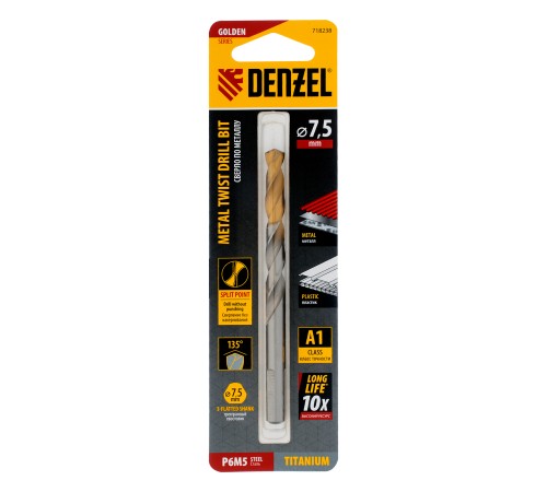 Сверло спиральное по металлу 7,5 x 109 мм, Р6М5, Golden Tip  Denzel