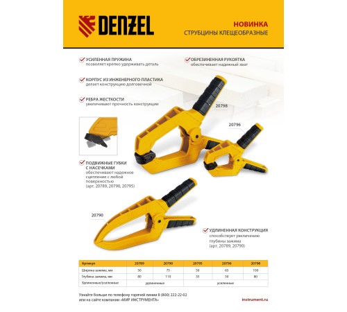 Струбцина клещеобразная, усиленная 65 х 50 мм, двухкомпонентные рукоятки Denzel