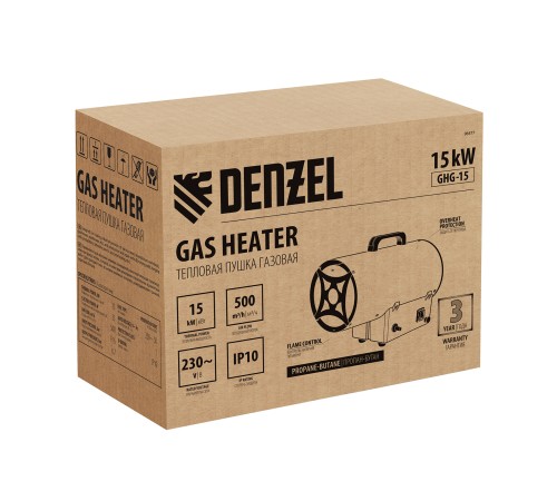 Газовая тепловая пушка GHG-15, 15 кВт, 500 м3/ч, пропан-бутан Denzel Газовая тепловая пушка GHG-15, 15 кВт, 500 м3/ч, пропан-бутан Denzel