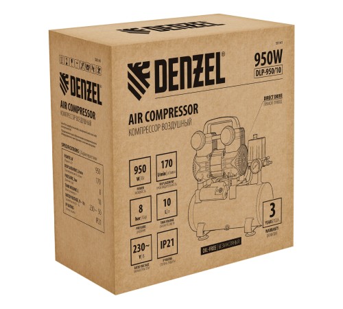 Компрессор безмасл. малошумный DLP-950/10, 950Вт,10 л, 2850 об/мин, 170 л/мин Denzel