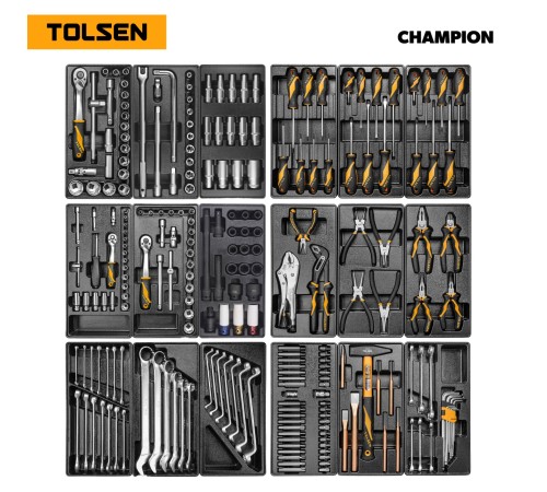 Набор инструментов 239 предметов, "CHAMPION", для тележки, 18 ложементов TOLSEN TT85416-239 Набор инструментов 239 предметов, "CHAMPION", для тележки, 18 ложементов TOLSEN TT85416-239