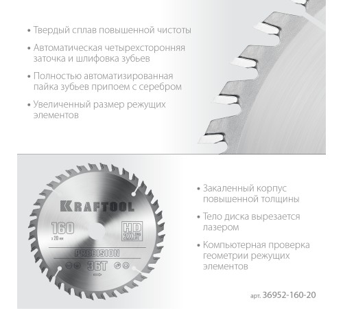 KRAFTOOL Precision, 160 х 20 мм, 36Т, пильный диск по дереву (36952-160-20) KRAFTOOL Precision, 160 х 20 мм, 36Т, пильный диск по дереву (36952-160-20)