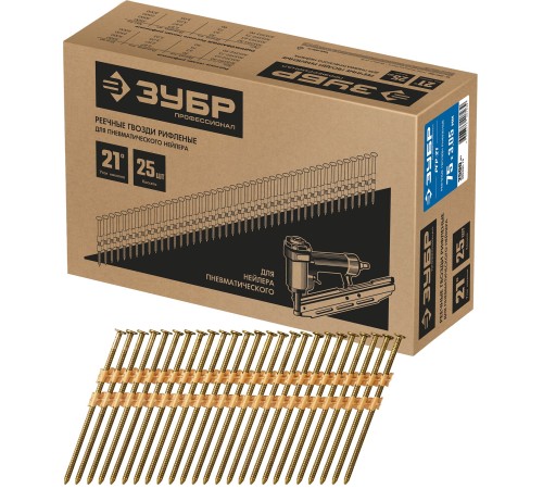 ЗУБР 2500 шт., 75 мм, 21°, реечные гвозди рифленые РГР-21 305392-75 Профессионал ЗУБР 2500 шт., 75 мм, 21°, реечные гвозди рифленые РГР-21 305392-75 Профессионал