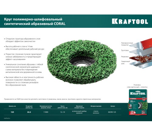 KRAFTOOL 125 х 22.2 мм, круг полимерно-шлифовальный синтетический абразивный (36599-125) KRAFTOOL 125 х 22.2 мм, круг полимерно-шлифовальный синтетический абразивный (36599-125)