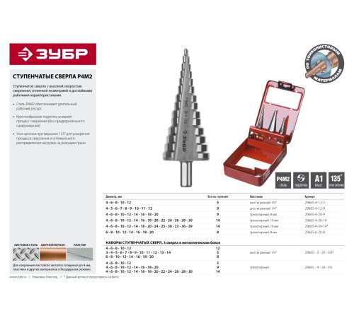 ЗУБР 4-12 мм, 9 ступеней, Р4М2 сверло ступенчатое 29665-4-12-9