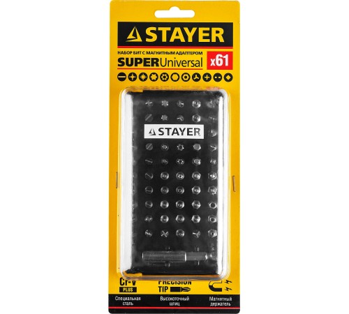 STAYER 61 предмет, набор бит с магнитным адаптером 26084-H61 STAYER 61 предмет, набор бит с магнитным адаптером 26084-H61