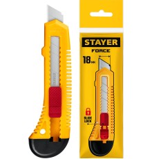 STAYER FORCE, 18 мм, нож упрочненный из АБС пластика со сдвижным фиксатором (0911) STAYER FORCE, 18 мм, нож упрочненный из АБС пластика со сдвижным фиксатором (0911)