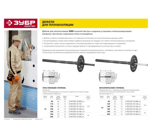 ЗУБР 140 x 10 мм 100 шт., дюбель для изоляционных материалов 4-301525-10-140_z01