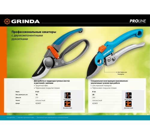 GRINDA 210 мм, с двухкомпонентными эргономичными рукоятками, с эфесом, плоскостной секатор 423457 GRINDA 210 мм, с двухкомпонентными эргономичными рукоятками, с эфесом, плоскостной секатор 423457