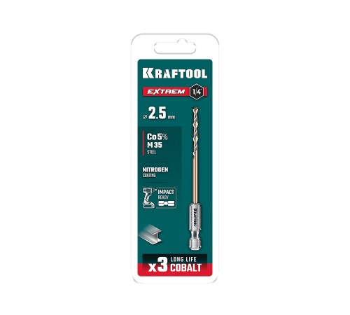 KRAFTOOL НЕХ-1/4″, d 2,5 х 69 мм, сверло по металлу для винтовёртов и шуруповертов IMPACT READY (29652-2.5) KRAFTOOL НЕХ-1/4″, d 2,5 х 69 мм, сверло по металлу для винтовёртов и шуруповертов IMPACT READY (29652-2.5)