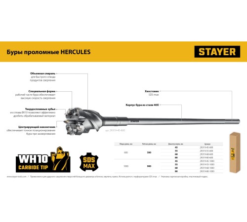 STAYER HERCULES-4Х d 45 х 900/1000 мм, SDS-max проломной бур, PROFESSIONAL (29319-45-1000)