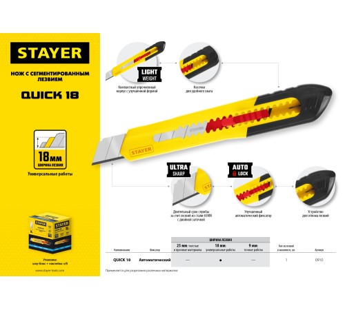 STAYER 18 мм, сегментированное лезвие, нож QUICK-18 0910_z01