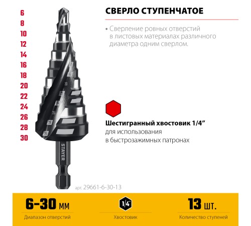 STAYER Pro-Max 6-30мм, 13 ступеней, винтовая спираль, сверло ступенчатое (29661-6-30-13)