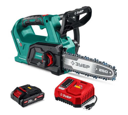 ЗУБР 20 В, 250 мм шина, 1 АКБ LMS (2 Ач), пила цепная аккумуляторная (ПЦБ-2025-21)