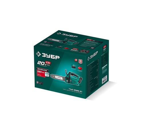 ЗУБР 20 В, 250 мм шина, 1 АКБ LMS (2 Ач), пила цепная аккумуляторная (ПЦБ-2025-21)