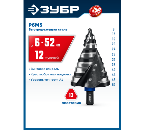 ЗУБР BLACK FORCE 6-52мм, 12 ступеней, винтовая проточка, сверло ступенчатое, ПРОФЕССИОНАЛ (29671-6-52-12)