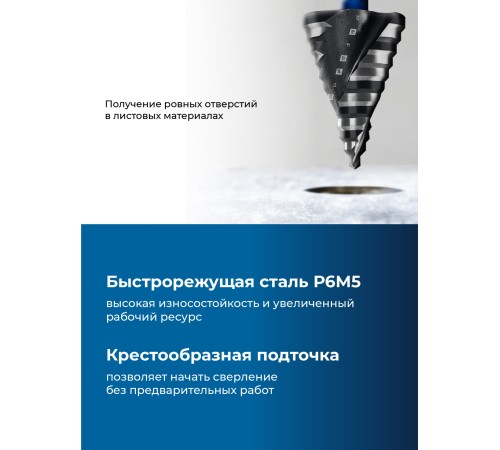 ЗУБР BLACK FORCE 6-52мм, 12 ступеней, винтовая проточка, сверло ступенчатое, ПРОФЕССИОНАЛ (29671-6-52-12)