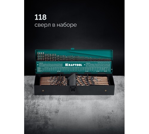 KRAFTOOL Cobalt, 118 шт, (1-13 мм), сталь М42, HSS-Co(8%), набор сверл по металлу (29656-H118)