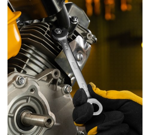 Ключ комбинированный трещоточный, 14 мм, CrV, матовый хром Denzel