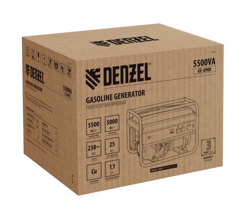 Генератор бензиновый GE 6900, 5.5 кВт, 220 В/50 Гц, 25 л, ручной старт Denzel