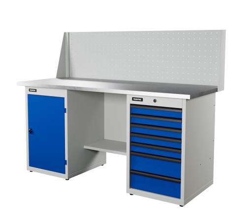 RUNTEC RTI17Z-TI7-TI0-P17-5005(7035) Верстак серии Industrial, 1700 мм, оцинк, тумба с 7-ю ящиками + тумба с дверью, экран 500, синий (светло-серый) RAL 5005