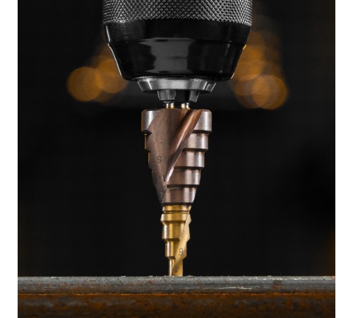 Сверло ступенчатое 4-6-8-10-12-14-16-18-20 мм, Р6М5К5, 6-гр. хвостовик Denzel