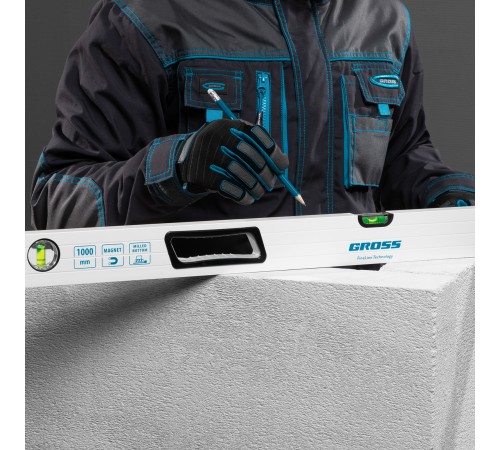 Уровень алюминиевый, 1000 мм, усиленный, рукоятки, фрезерованный, 3 глазка, магнитный Gross