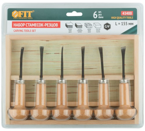 Стамески-резцы CrV по дереву, деревянные ручки, Профи, 6 шт., деревянный кейс FIT HQ