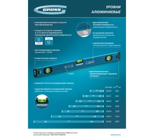 Уровень алюминиевый, магнит., фрезерованный, 3 глазка, 0,5 мм/м, 1000 мм Gross