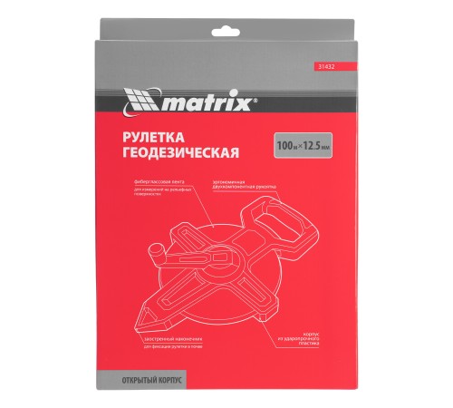 Рулетка геодезическая 100 м х 12,5 мм, открытый корпус, фиберглассовая лента Matrix