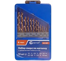 Набор сверл по металлу с кобальтом 5% в металлической коробке; 1,5-6,5 мм (через 0,5 мм + 3,2 мм; 4,8 мм), 13 шт., Cutop Profi CUTOP