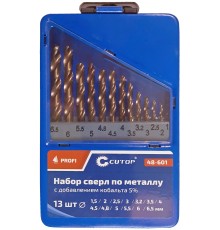 Набор сверл по металлу с кобальтом 5% в металлической коробке; 1,5-6,5 мм (через 0,5 мм + 3,2 мм; 4,8 мм), 13 шт., Cutop Profi CUTOP