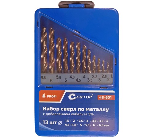 Набор сверл по металлу с кобальтом 5% в металлической коробке; 1,5-6,5 мм (через 0,5 мм + 3,2 мм; 4,8 мм), 13 шт., Cutop Profi CUTOP Набор сверл по металлу с кобальтом 5% в металлической коробке; 1,5-6,5 мм (через 0,5 мм + 3,2 мм; 4,8 мм), 13 шт., Cutop Profi CUTOP