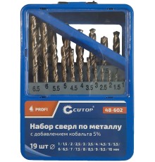Набор сверл по металлу с кобальтом 5% в металлической коробке; 1-10 мм (через 0,5 мм), 19 шт., Cutop Profi CUTOP