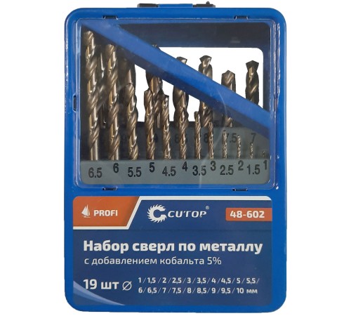 Набор сверл по металлу с кобальтом 5% в металлической коробке; 1-10 мм (через 0,5 мм), 19 шт., Cutop Profi CUTOP Набор сверл по металлу с кобальтом 5% в металлической коробке; 1-10 мм (через 0,5 мм), 19 шт., Cutop Profi CUTOP