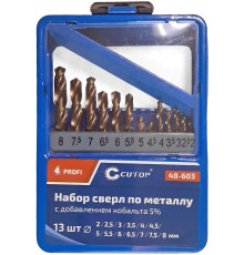 Набор сверл по металлу с кобальтом 5% в металлической коробке; 2-8 мм (через 0,5 мм), 13 шт., Cutop Profi CUTOP