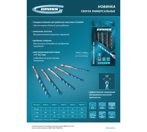 Сверло универсальное, Multipurpose PRO, 6-гр. хвостовик, 10мм Gross Сверло универсальное, Multipurpose PRO, 6-гр. хвостовик, 10мм Gross