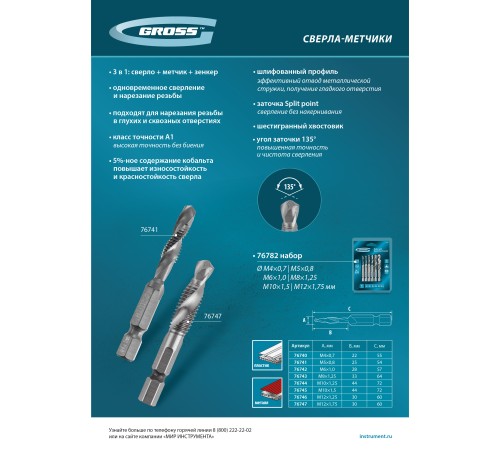 Сверло-метчик М10 х 1,5 мм, Co5%// Gross