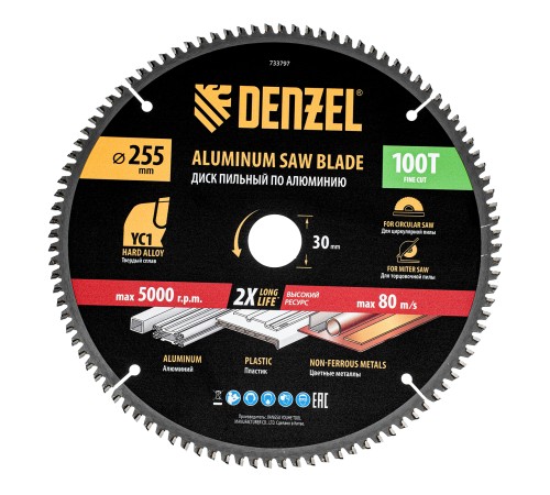 Пильный диск по алюминию ф255 х 30 мм, 100 зубьев Denzel