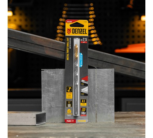 Сверло спиральное по металлу 7,5 х 156 мм, Р6М5, Golden Tip, удлиненное Denzel