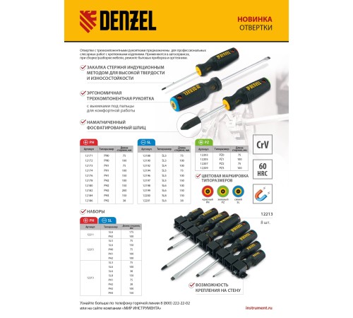 Отвертка PZ1x75 мм, CrV, трехкомпонентная рукоятка Denzel Отвертка PZ1x75 мм, CrV, трехкомпонентная рукоятка Denzel