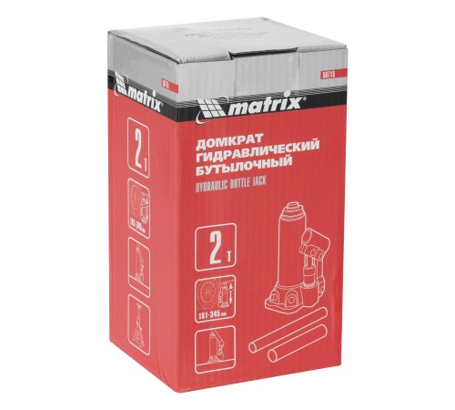 Домкрат гидравлический бутылочный, 2 т, высота подъема 181-345 мм Matrix
