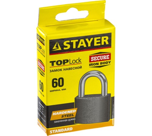STAYER 60х50х25 мм, металлический корпус, закаленная дужка, замок навесной TOPLock 37160-60 STAYER 60х50х25 мм, металлический корпус, закаленная дужка, замок навесной TOPLock 37160-60
