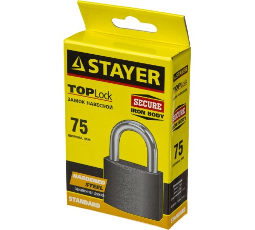 STAYER 75х58х26 мм, металлический корпус, закаленная дужка, замок навесной TOPLock 37160-75 STAYER 75х58х26 мм, металлический корпус, закаленная дужка, замок навесной TOPLock 37160-75