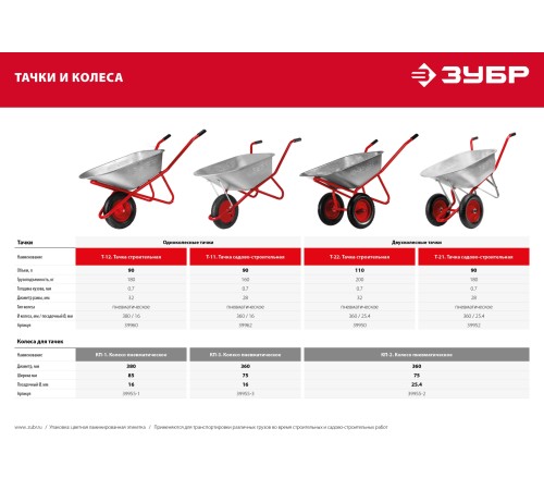 ЗУБР 90 л, 160 кг, тачка садово-строительная одноколесная Т-11 39962