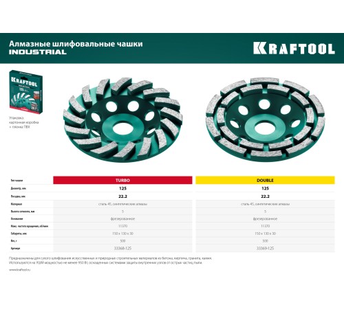 KRAFTOOL Turbo, d 125 мм, сегментная алмазная шлифовальная чашка (33368-125)