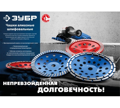ЗУБР 115 мм, L- 22.2 мм, двухрядная, чашка алмазная шлифовальная 33372-115 Профессионал ЗУБР 115 мм, L- 22.2 мм, двухрядная, чашка алмазная шлифовальная 33372-115 Профессионал
